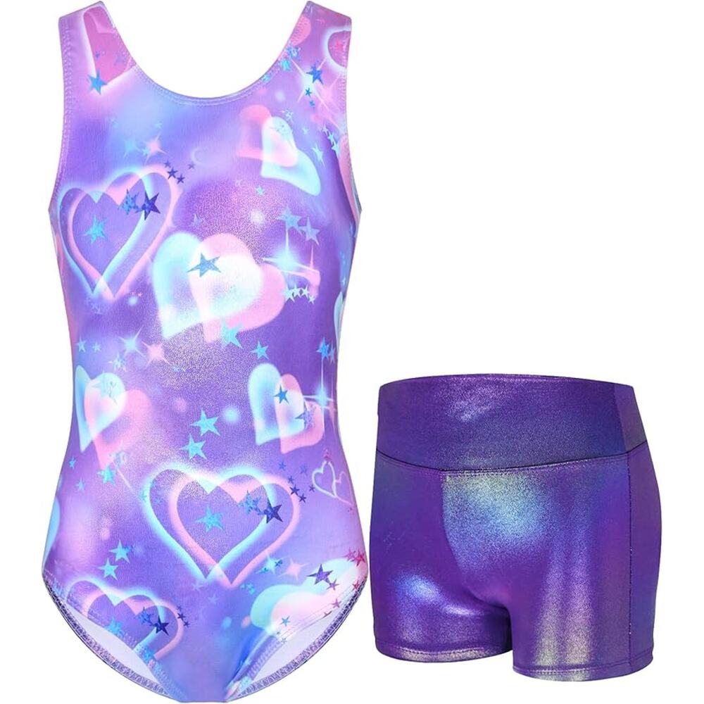 Dance Gymnastics Leotard/Shorts Medium Child Purple Hearts Iridescent Set Girls